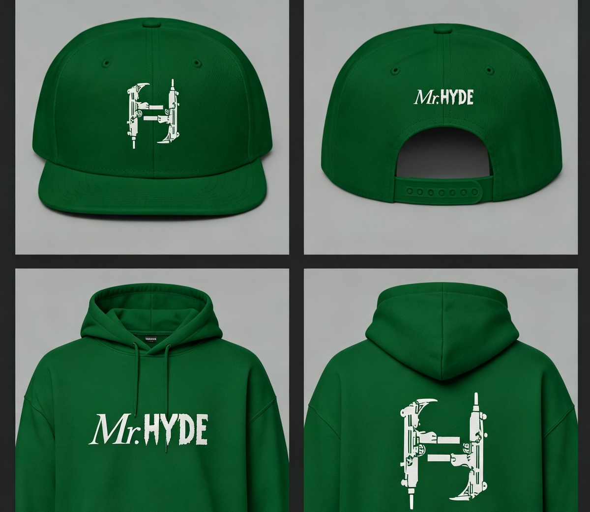 IRISH GREEN & WHITE - DOUBLE SIDED PRINT - Mr.HYDE + UZI H hoodie and Snapback
