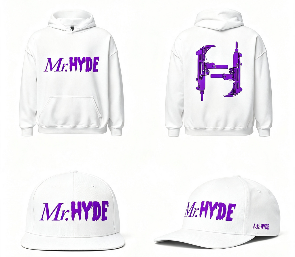 HEAVYWEIGHT hoodie & Snapback Combo - Mr.HYDE - PURPLE ON PURPLE/WHITE - FRONT AND BACK PRINT